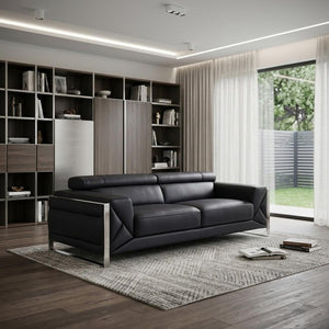 89" Black Italian Leather Sofa With Silver Legs