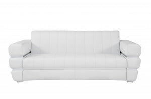89" White Italian Leather Sofa With Silver Legs