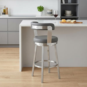 26" Gray And Silver Fabric And Iron Backless Counter Height Swivel Bar Chair
