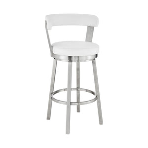 30" White And Silver Fabric And Iron Backless Bar Height Swivel Bar Chair