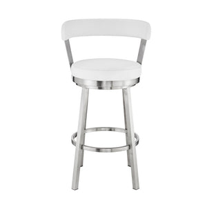 30" White And Silver Fabric And Iron Backless Bar Height Swivel Bar Chair