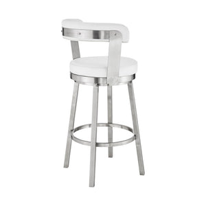 30" White And Silver Fabric And Iron Backless Bar Height Swivel Bar Chair
