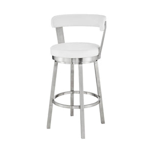 30" White And Silver Fabric And Iron Backless Bar Height Swivel Bar Chair
