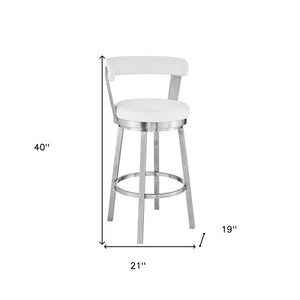30" White And Silver Fabric And Iron Backless Bar Height Swivel Bar Chair