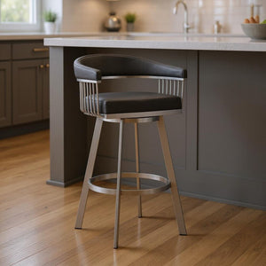 25" Gray And Silver Iron Swivel Backless Counter Height Bar Chair