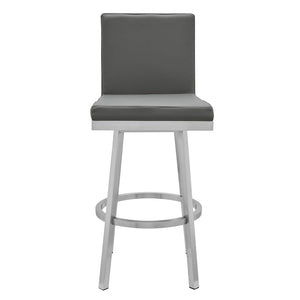 30" Gray And Silver Faux Leather And Faux Leather And Iron Bar Height Swivel Bar Chair