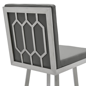 30" Gray And Silver Faux Leather And Faux Leather And Iron Bar Height Swivel Bar Chair