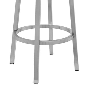 30" Gray And Silver Faux Leather And Faux Leather And Iron Bar Height Swivel Bar Chair