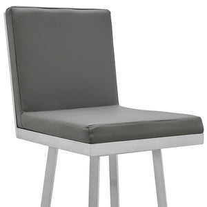 30" Gray And Silver Faux Leather And Faux Leather And Iron Bar Height Swivel Bar Chair