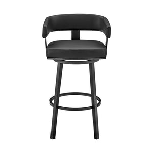 30" Black Faux Leather And Fabric And Iron Low Back Bar Height Swivel Bar Chair
