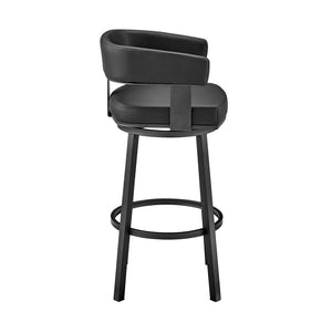30" Black Faux Leather And Fabric And Iron Low Back Bar Height Swivel Bar Chair