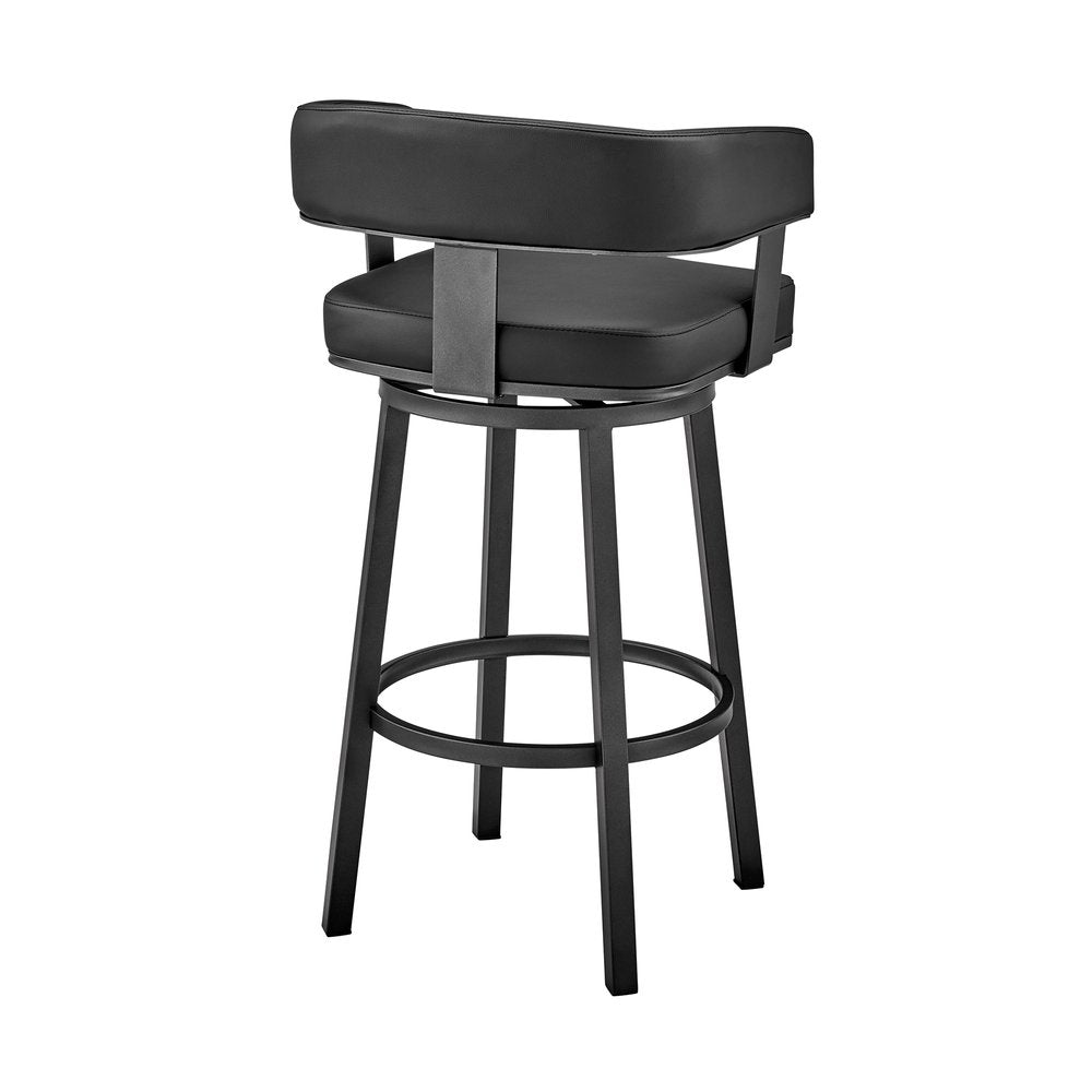 30" Black Faux Leather And Fabric And Iron Low Back Bar Height Swivel Bar Chair
