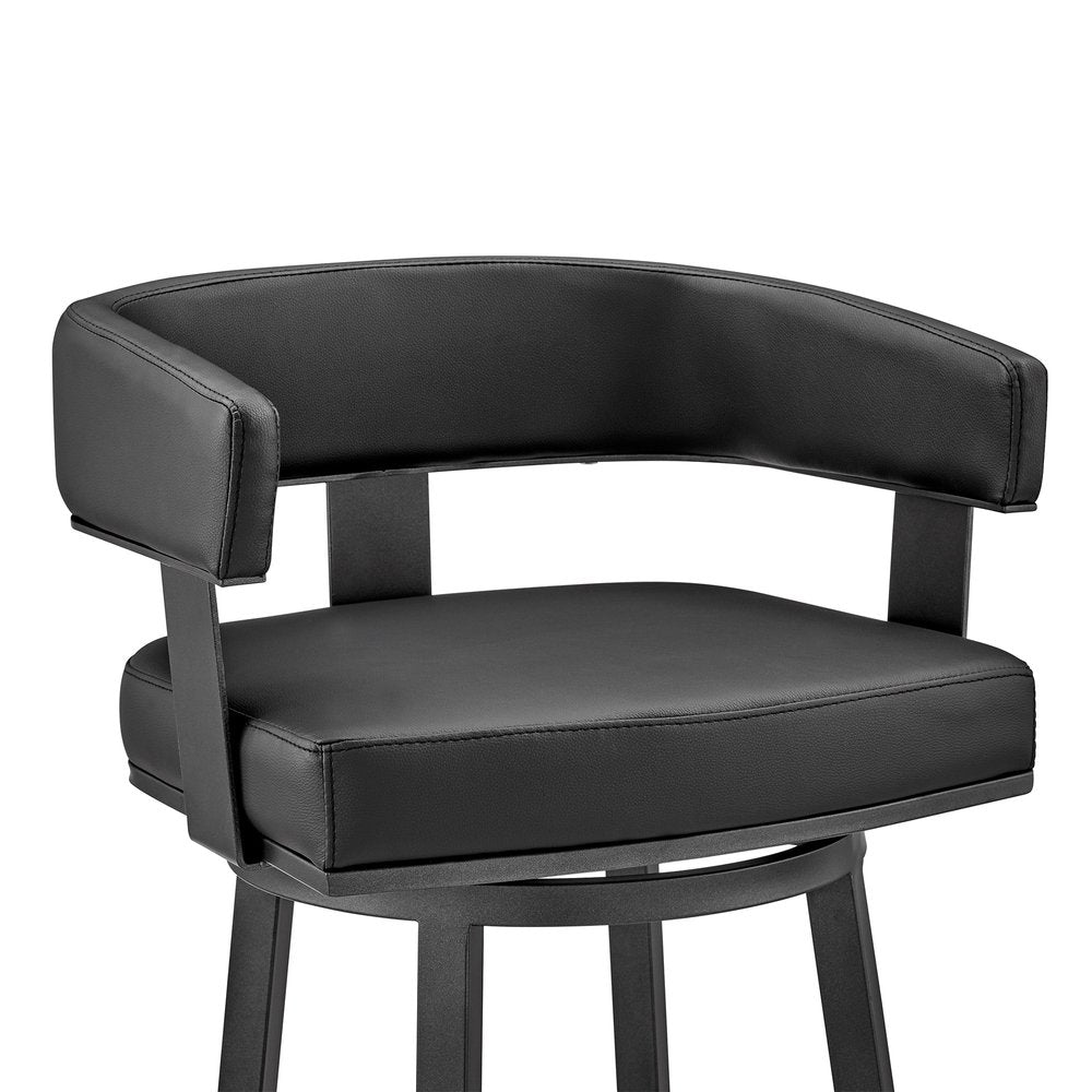 30" Black Faux Leather And Fabric And Iron Low Back Bar Height Swivel Bar Chair