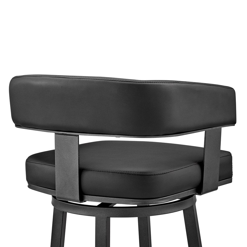 30" Black Faux Leather And Fabric And Iron Low Back Bar Height Swivel Bar Chair