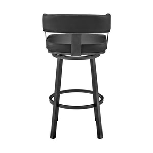 30" Black Faux Leather And Fabric And Iron Low Back Bar Height Swivel Bar Chair