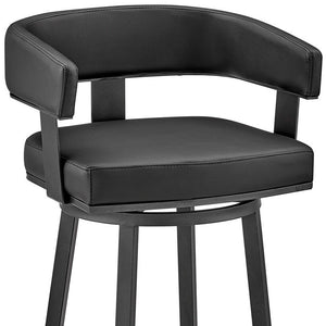 30" Black Faux Leather And Fabric And Iron Low Back Bar Height Swivel Bar Chair