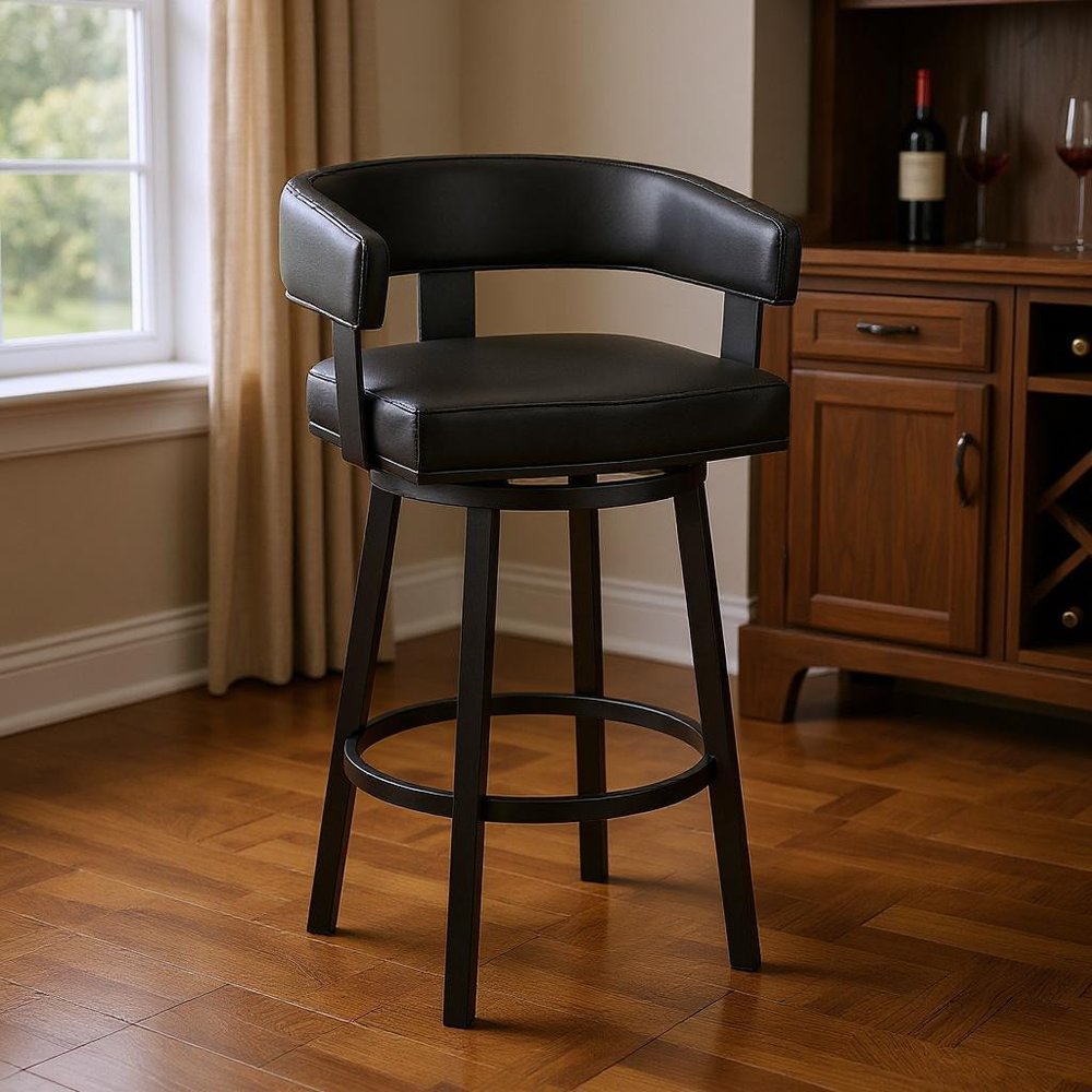 30" Black Faux Leather And Iron Swivel Low Back Bar Height Bar Chair