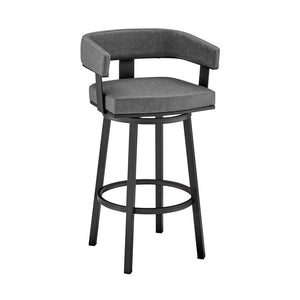 30" Gray And Black Fabric And Iron Low Back Bar Height Swivel Bar Chair