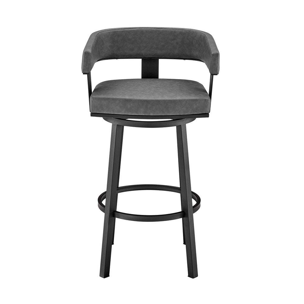 30" Gray And Black Fabric And Iron Low Back Bar Height Swivel Bar Chair
