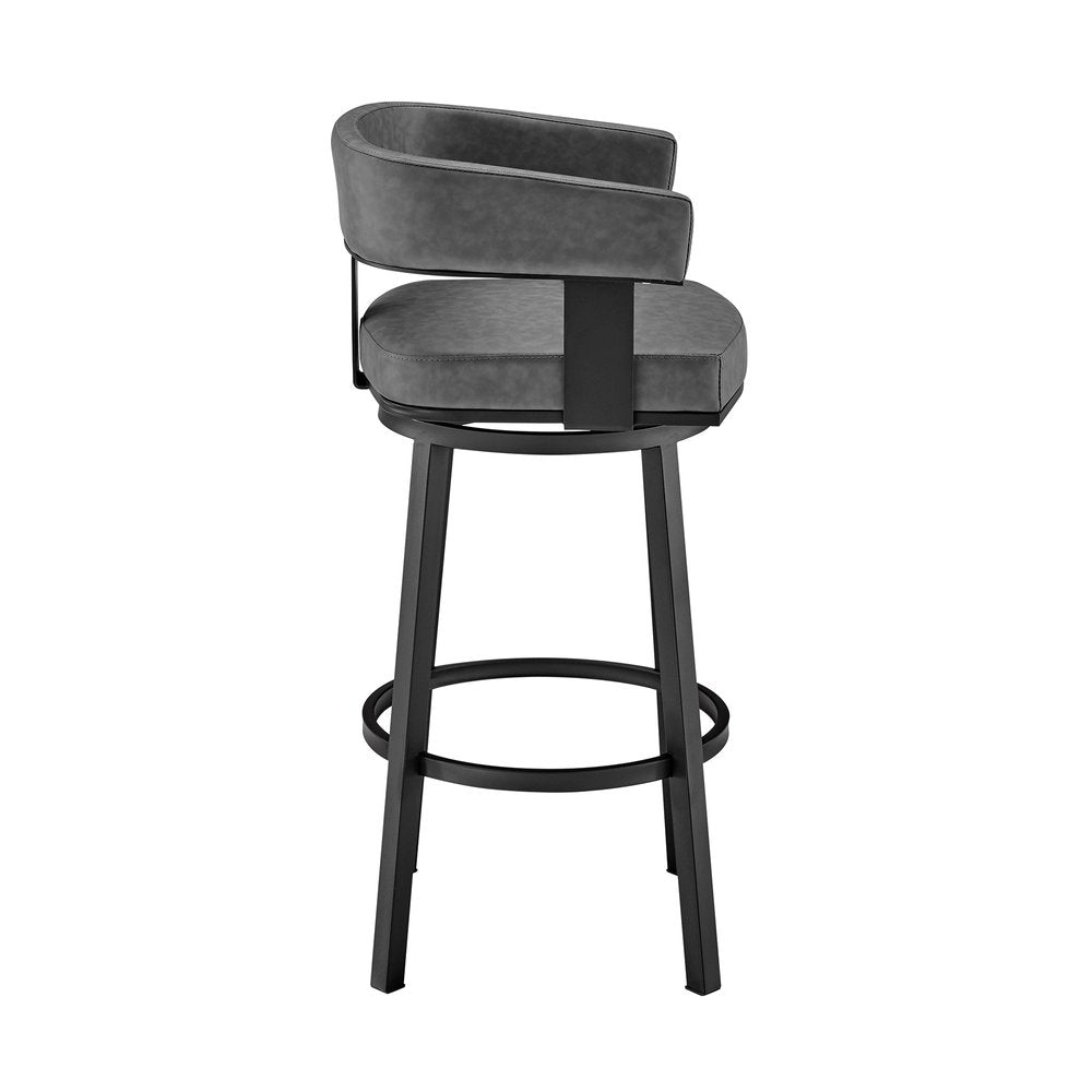 30" Gray And Black Fabric And Iron Low Back Bar Height Swivel Bar Chair