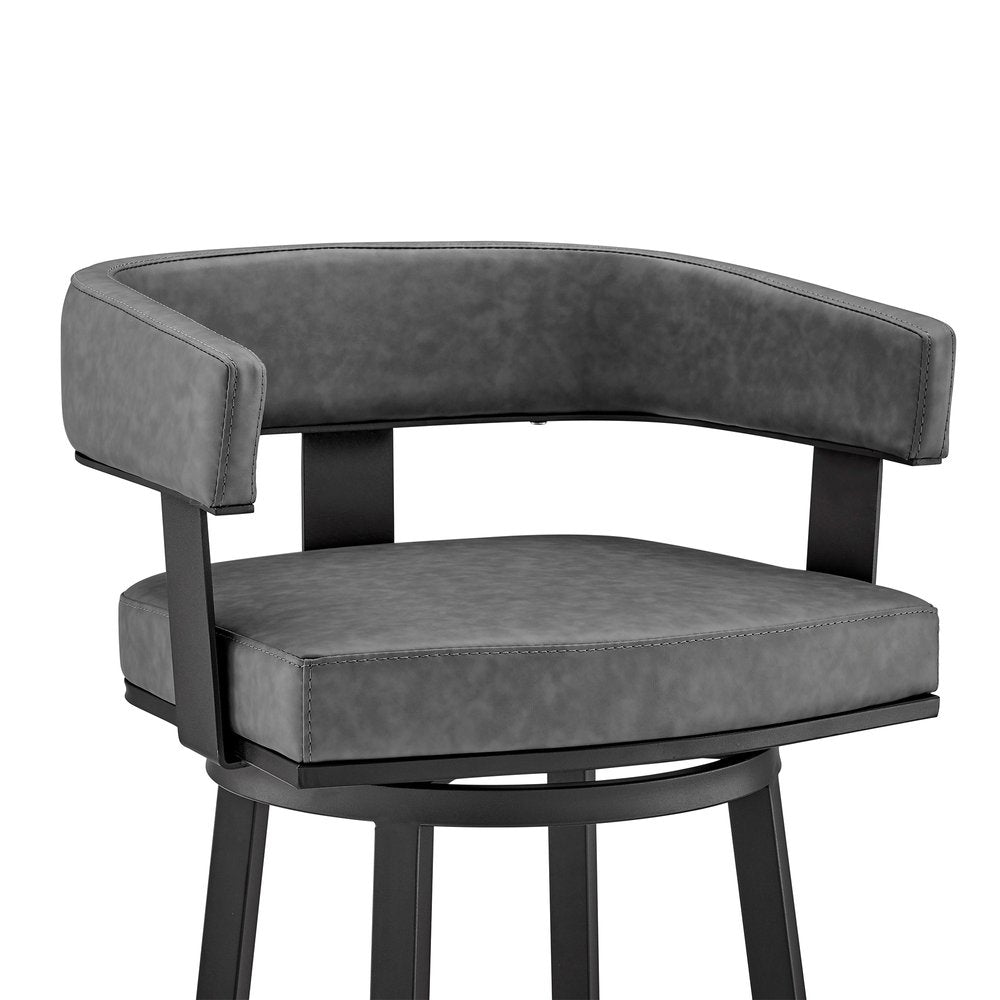 30" Gray and Black Faux Leather and Iron Low Back Bar Height Swivel Bar Chair