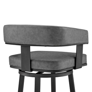 30" Gray and Black Faux Leather and Iron Low Back Bar Height Swivel Bar Chair