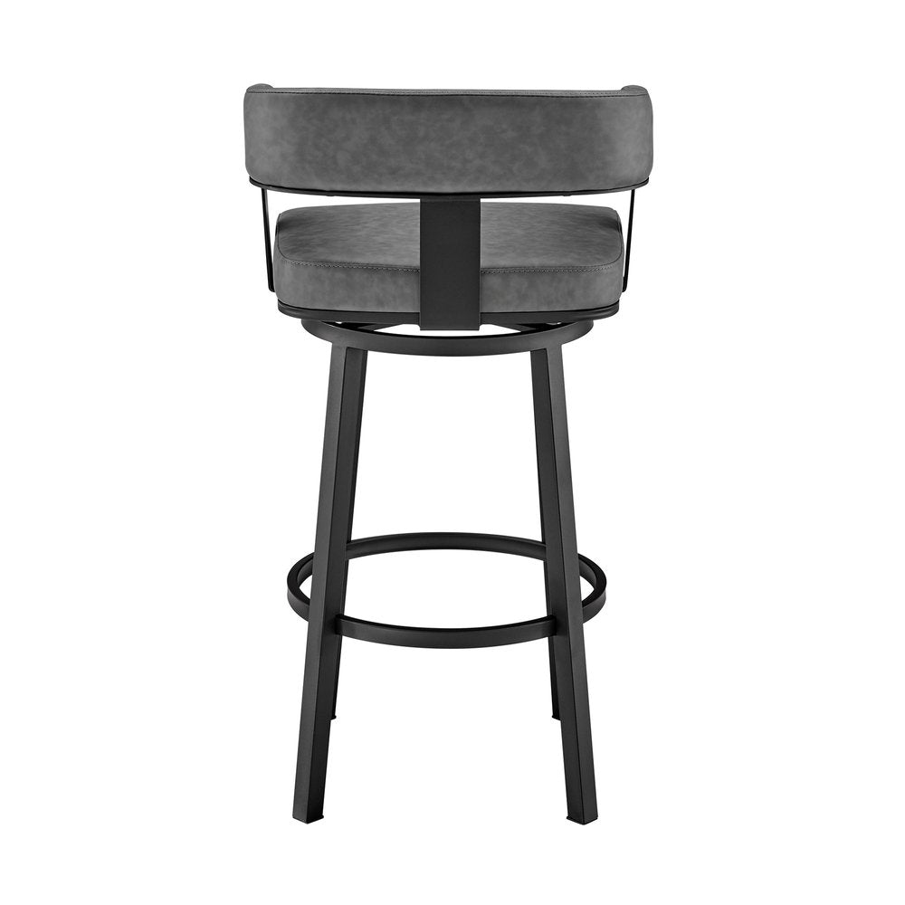30" Gray And Black Fabric And Iron Low Back Bar Height Swivel Bar Chair