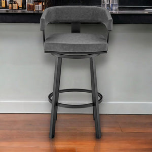 30" Gray and Black Faux Leather and Iron Low Back Bar Height Swivel Bar Chair