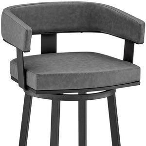 30" Gray and Black Faux Leather and Iron Low Back Bar Height Swivel Bar Chair