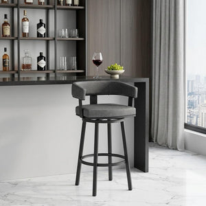 30" Gray and Black Faux Leather and Iron Low Back Bar Height Swivel Bar Chair