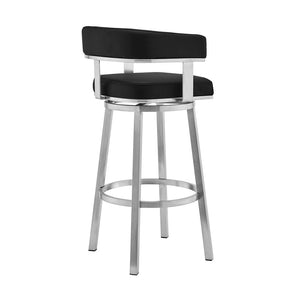26" Black And Silver Faux Leather And Fabric And Iron Low Back Counter Height Swivel Bar Chair