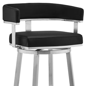 26" Black And Silver Faux Leather And Fabric And Iron Low Back Counter Height Swivel Bar Chair