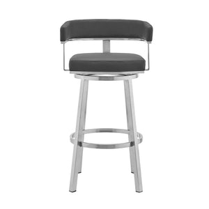 26" Gray And Silver Faux Leather And Iron Swivel Low Back Counter Height Bar Chair