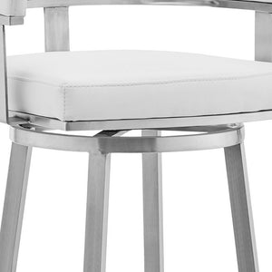 30" White And Silver Faux Leather And Fabric And Steel Low Back Bar Height Swivel Bar Chair