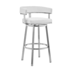 30" White And Silver Faux Leather And Fabric And Steel Low Back Bar Height Swivel Bar Chair