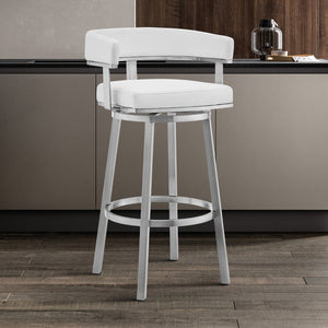 30" White And Silver Faux Leather And Fabric And Steel Low Back Bar Height Swivel Bar Chair