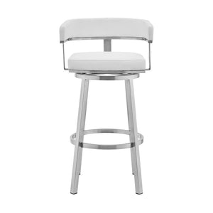 30" White And Silver Faux Leather And Fabric And Steel Low Back Bar Height Swivel Bar Chair