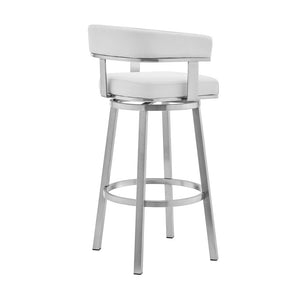 30" White And Silver Faux Leather And Fabric And Steel Low Back Bar Height Swivel Bar Chair