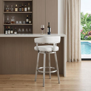 30" White And Silver Faux Leather And Fabric And Steel Low Back Bar Height Swivel Bar Chair