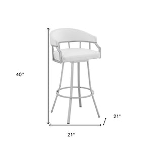 30" White And Silver Faux Leather And Iron Swivel Low Back Bar Height Bar Chair