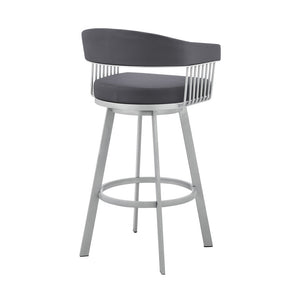 29" Slate Gray And Silver Fabric And Iron Low Back Bar Height Swivel Bar Chair