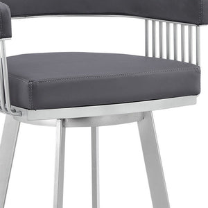 29" Slate Gray And Silver Fabric And Iron Low Back Bar Height Swivel Bar Chair