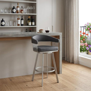 29" Slate Gray And Silver Iron Swivel Low Back Bar Chair