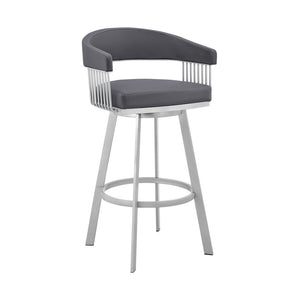 29" Slate Gray And Silver Fabric And Iron Low Back Bar Height Swivel Bar Chair