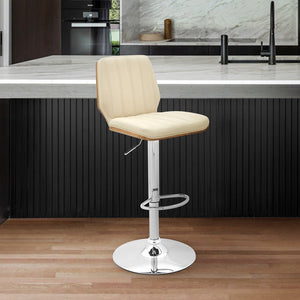 Cream And Silver Fabric And Steel Adjustable Height Swivel Bar Chair