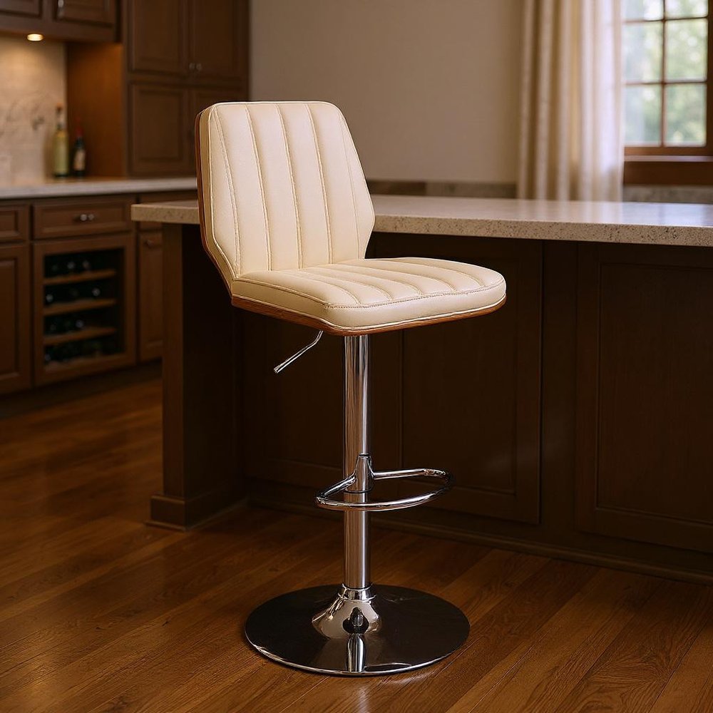 Cream And Silver Fabric And Steel Adjustable Height Swivel Bar Chair