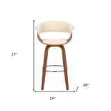 27" Cream and Brown Faux Leather and Solid Wood Low Back Counter Height Swivel Bar Chair