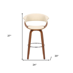 27" Cream And Brown Faux Leather And Fabric And Solid Wood Low Back Counter Height Swivel Bar Chair
