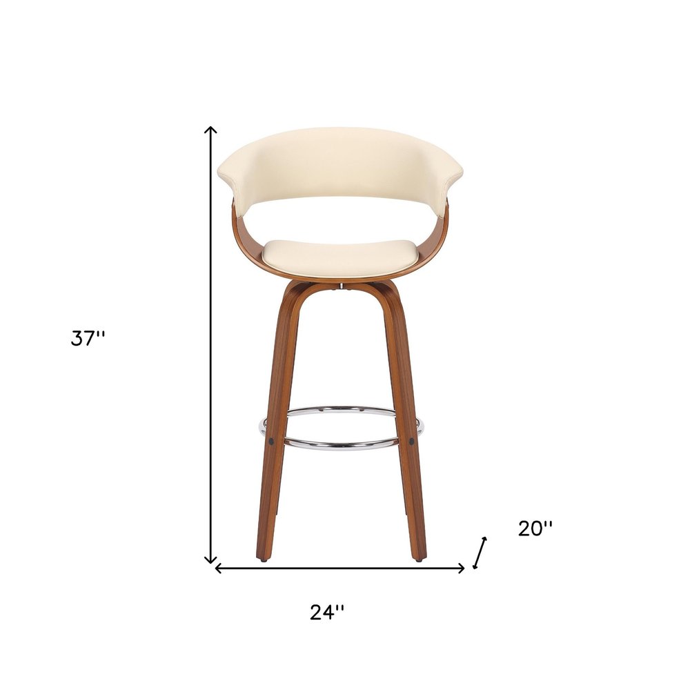 27" Cream and Brown Faux Leather and Solid Wood Low Back Counter Height Swivel Bar Chair