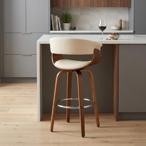 27" Cream And Brown Faux Leather And Fabric And Solid Wood Low Back Counter Height Swivel Bar Chair